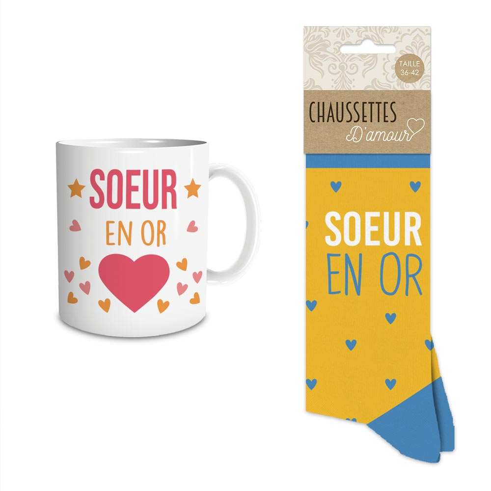 Coffret mug chaussettes Soeur en or