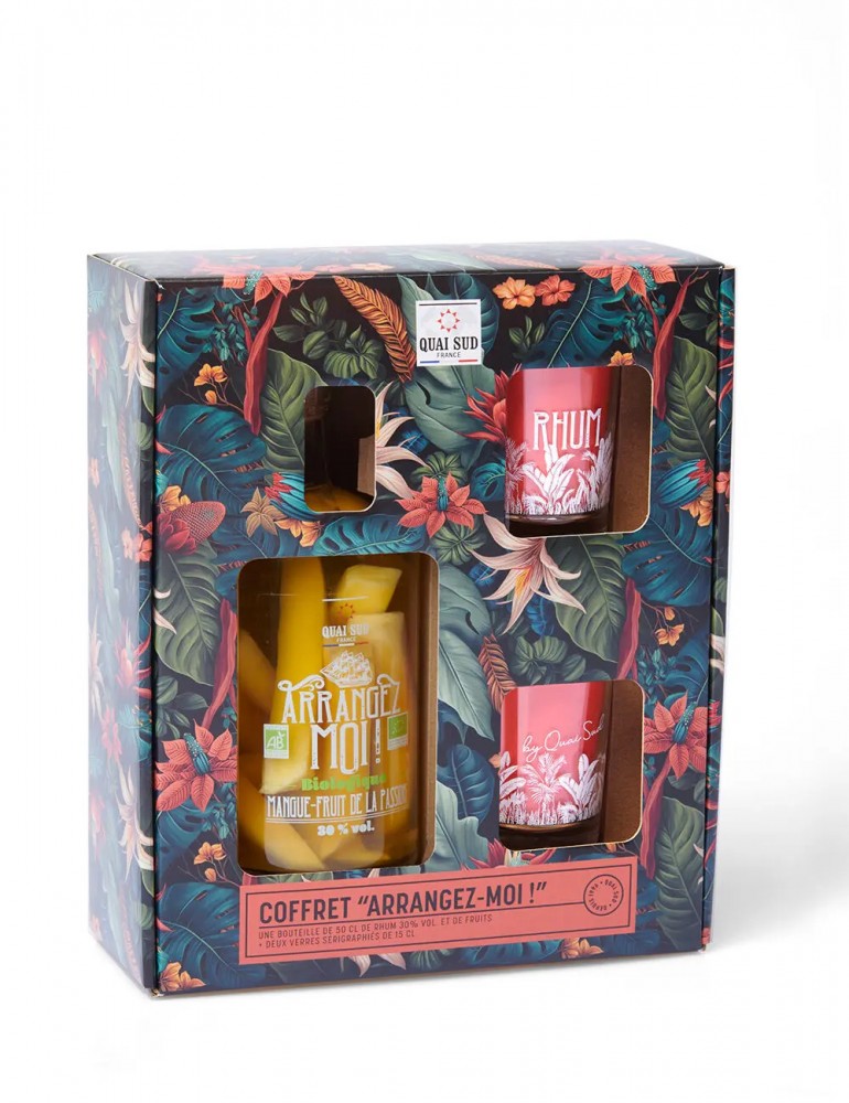 Coffret Arrangez-moi Mangue Fruits de la passion 50cl 1 bouteille + 2 verres