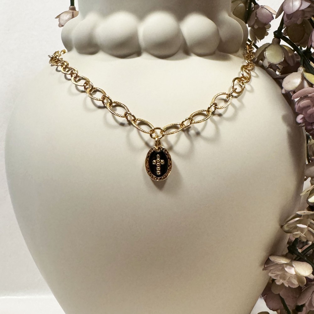 Halskette Schwarzes Kreuz Gold