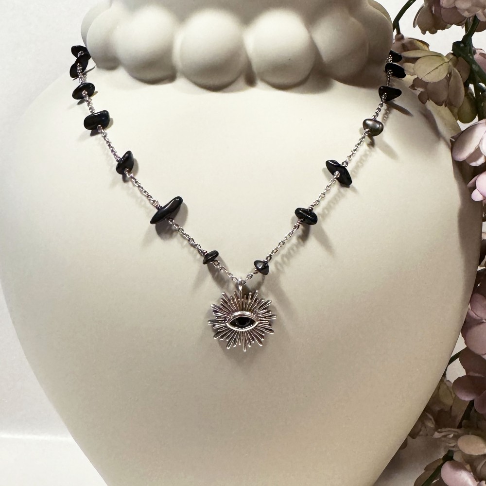 Halskette Auge Sun Stein Schwarz Silber