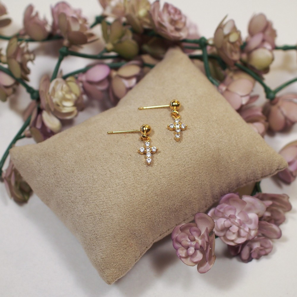 Studs Kreuz Weiße Steine Gold