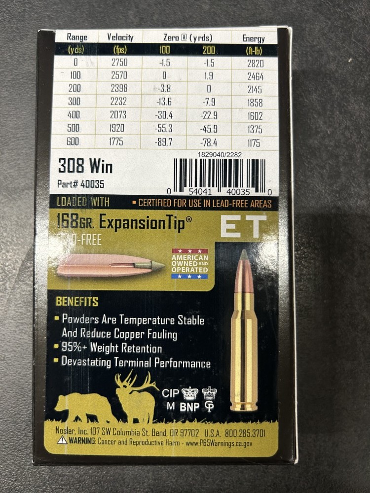 NOSLER 308 Win  168gr LEAD FREE