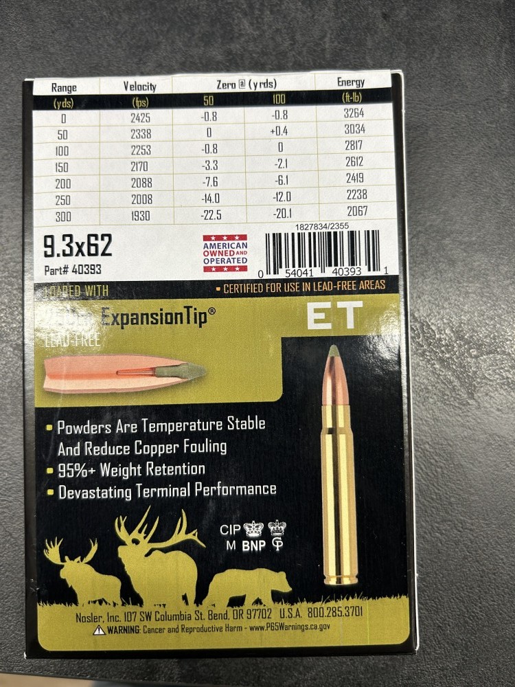 NOSLER 9.3x62 250gr LEAD FREE