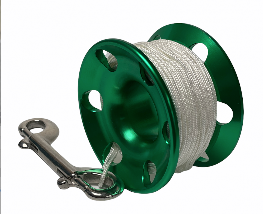 Spool aluminium 20mt vert avec mousqueton 100mm